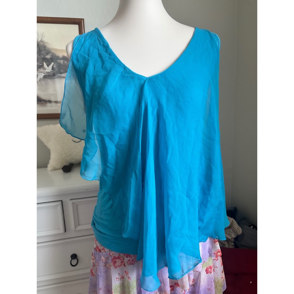 Blue Sheer Ruffle Tank Top Asymmetrical V-Neck Sleeveless Blouse Cha Cha Vente